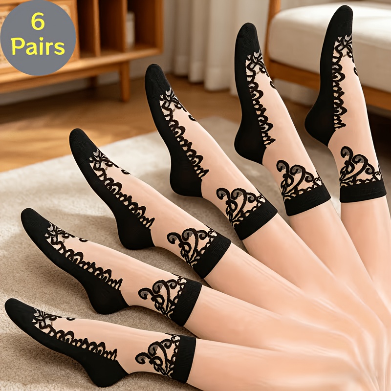 TEMU Spring Summer 6 Pairs Glass Lace Crystal Solid Color Sweat-absorbing Breathable Women's Mid-calf Socks