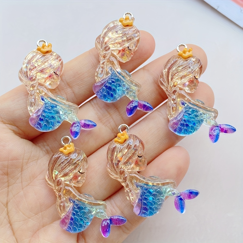 

6pcs Sparkling Mermaid Resin Charms - Cute Cartoon Pendants For , Earrings & Necklaces Crafting Accessories