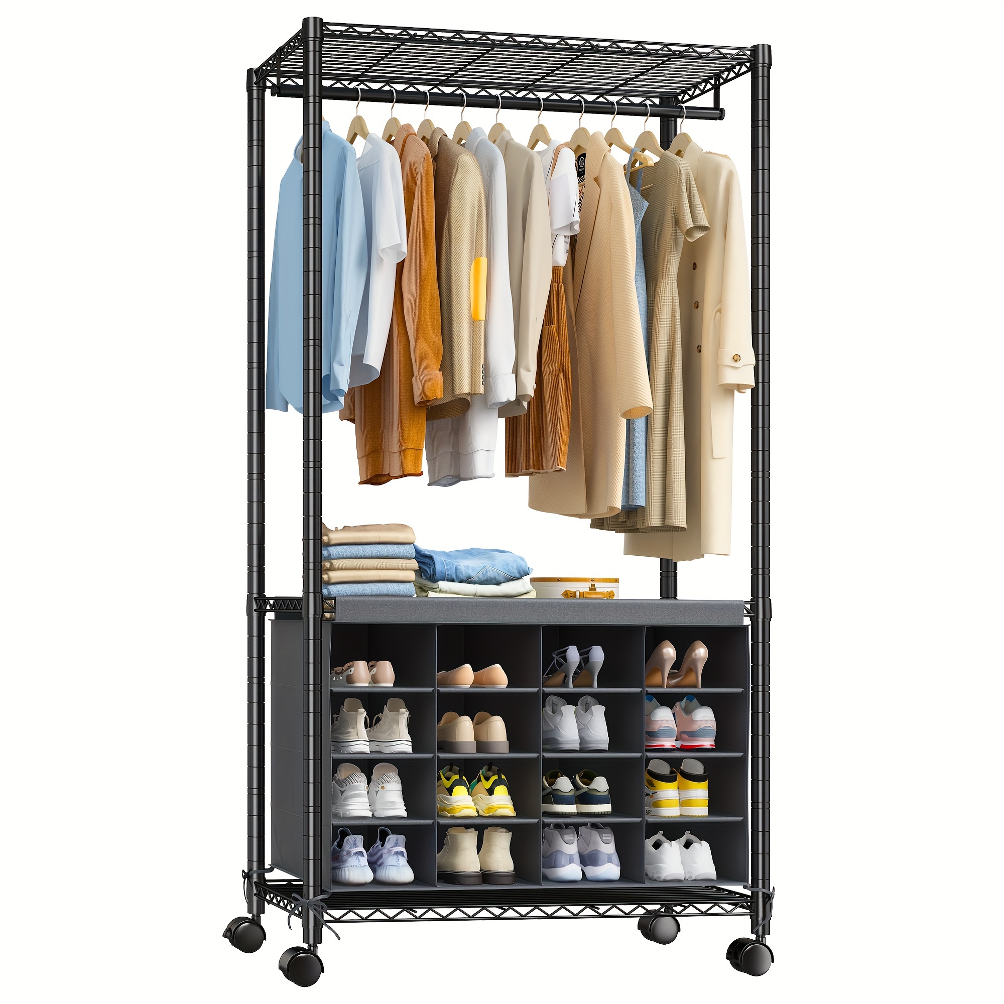 

1pc Heavy Duty Clothing Racks For Hanging Clothes, Rolling Clothes Rack With Wheels & Shoe Storage, Portable Wadrobe Closet Wire Garment Rack, 35" W*15.4" D *74.8" H, Essential Bedroom Furniture