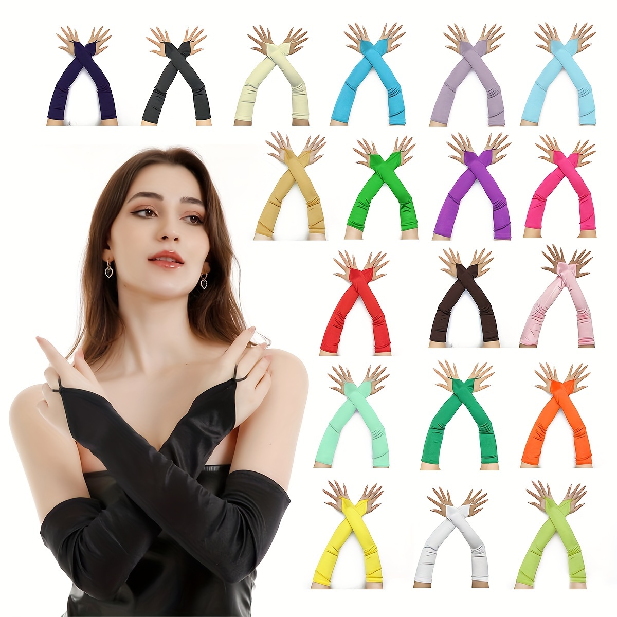 

1 Pair D Elegant Fingerless Satin Cosplay Gloves - Long Lace Mesh Arm Sleeves, Elbow Length, Vibrant Colors (purple, Green, Yellow, Orange, Red, Blue, Pink, Black) For Parties, & Performances, D