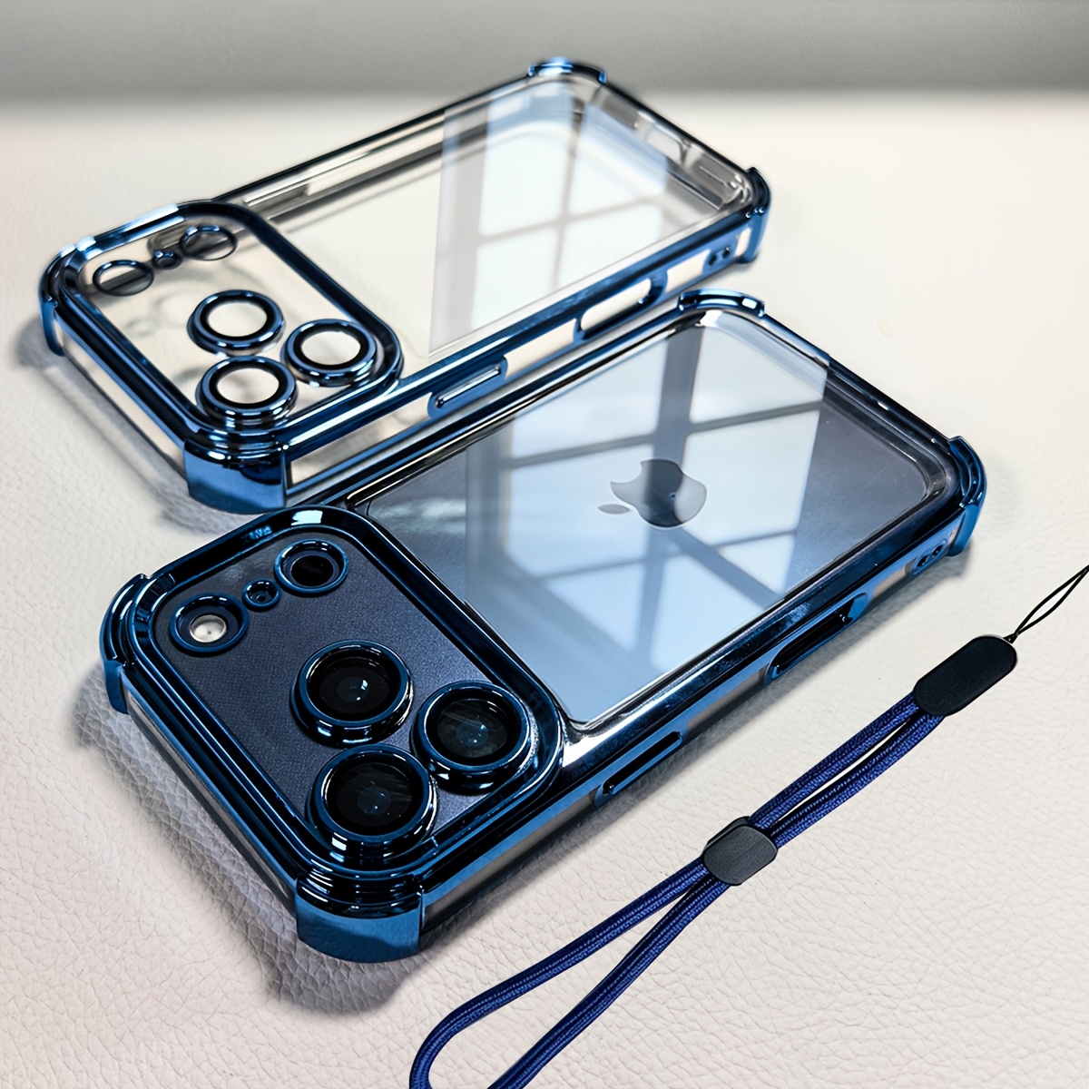 TEMU Coque de téléphone - Ensemble 2 pièces (1 coque et 1 cordon) Nouvelle Coque de téléphone de luxe transparente avec tampon anti-choc Coque de