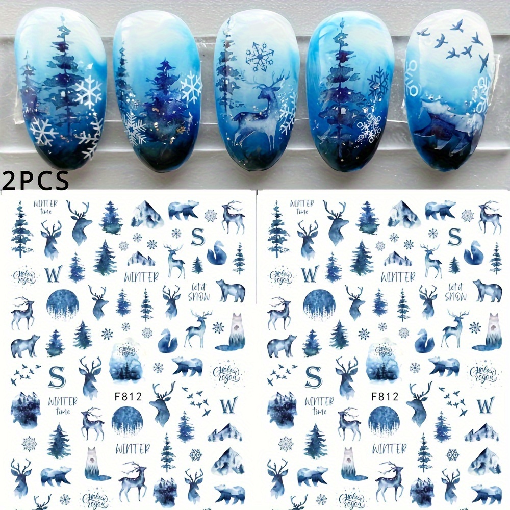 Set Of 2 Art Stickers Featuring Christmas Themes Like Trees, Snowflakes, Animals, , And Reindeer For Winter Nail Designs. Perfect For Holiday Nail Decoration