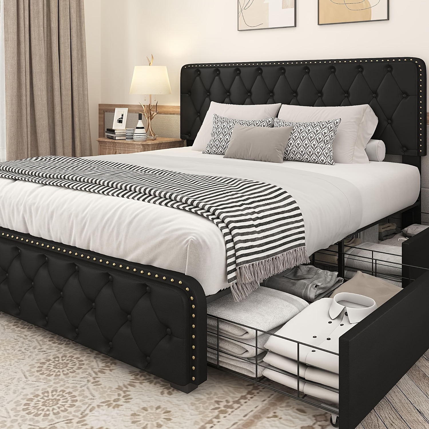 

Queen Bed Frame With Headboard Upholstered Metal Queen Bed Frame With 4 Storage Drawers, Adjustable Headboard/all-metal Support/no Box Spring Needed/easy Assembly