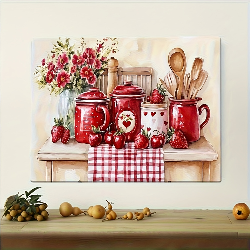 art mural sur toile 2d plat, vintage de cuisine avec cerises et fraises, pot rouge et accents floraux,   encadré à suspendre pour salon, salle à manger, décor de ferme, cadeau de décoration dintérieur, décor de cuisine 1