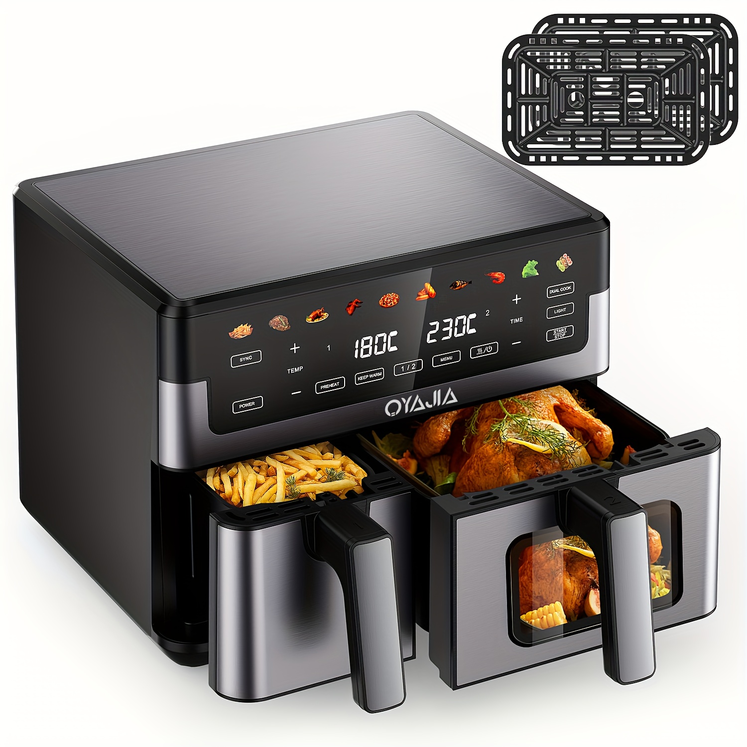 E-shop Fryer mit Easy View Windows, 2 Schubladen, 10L, 10In1, Air Fry, Extra , Roast, Bake, , Dehydrate, Antihaftbeschichtung, Spülmaschinenfeste Körbe