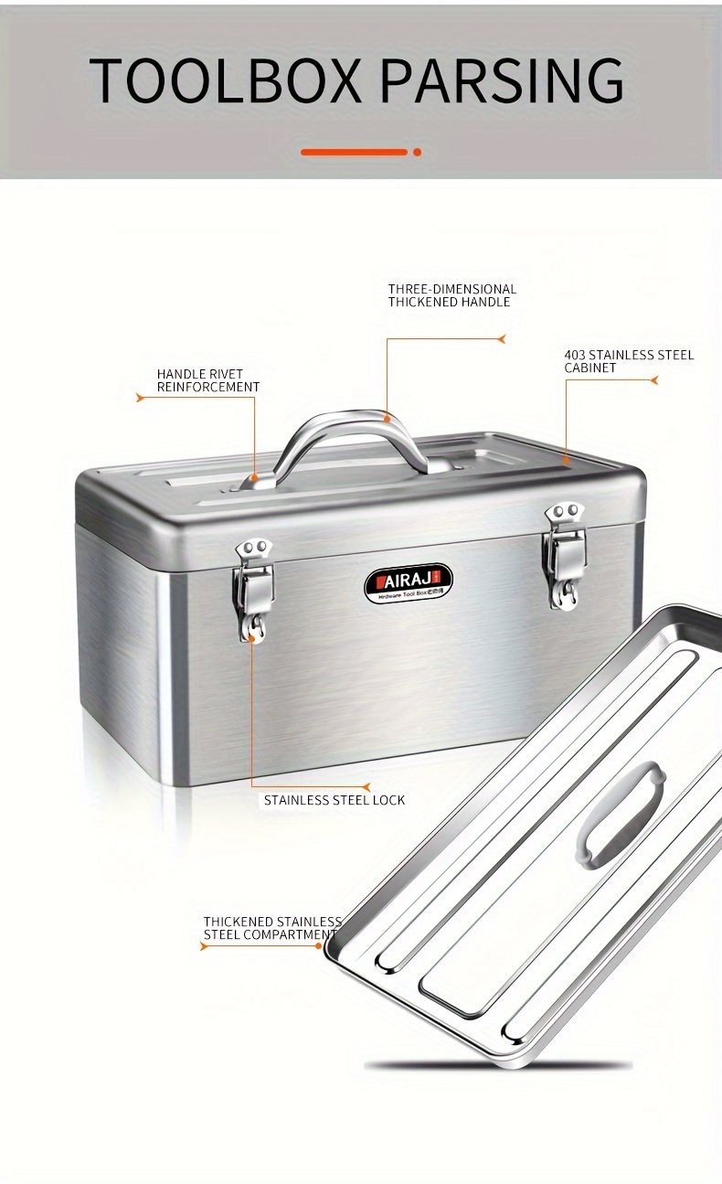 Caja de herramientas de acero inoxidable grado industrial, caja de hierro reforzada, almacenamiento de herramientas de mantenimiento y artículos de ferretería para el hogar