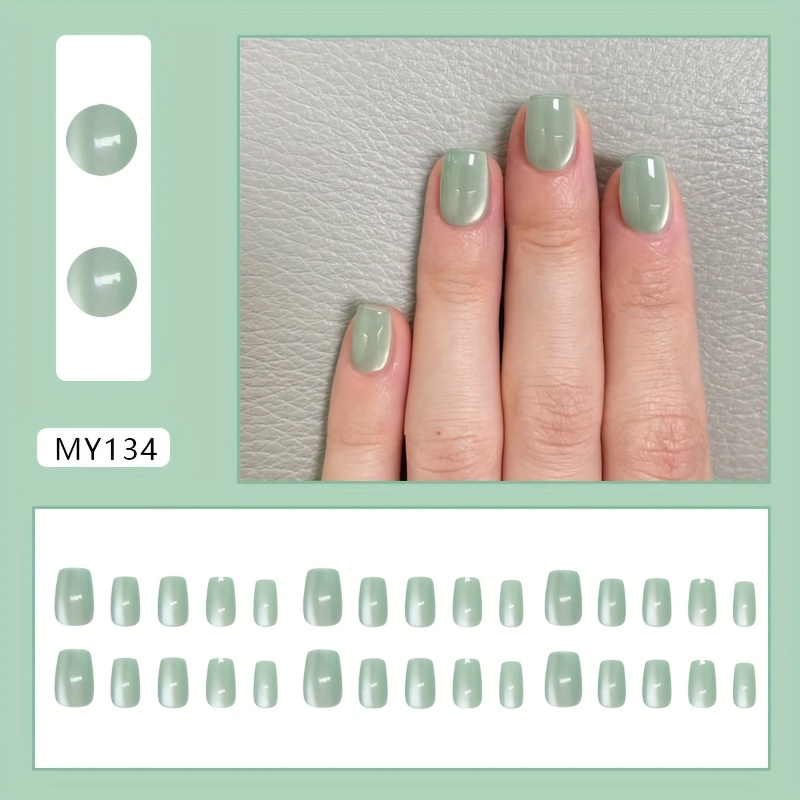 Chic Mint Green Cat Eye Press-on Nails - Short Square, Glossy Finish, Solid Color, European & American , Lightweight & Easy To Apply