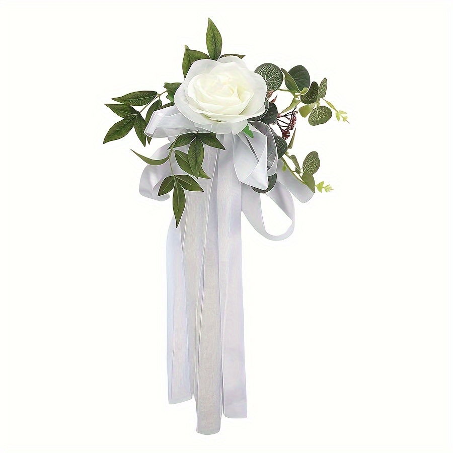 Image of Wedding Aisle Decoration Pew Flowers, 1pc Artificial Rose Chair Decor For Church Celebration, Fake Flower Props For Wedding Party Photography