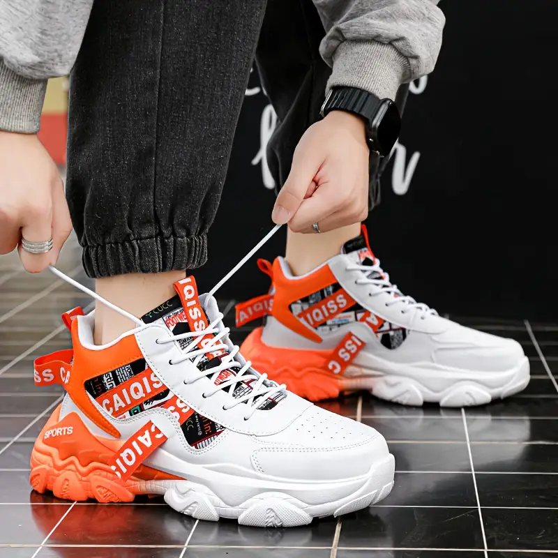 zapatillas altas para hombre - diseño geométrico y naranja con acolchado , de pvc, calzado casual para gimnasio, senderismo y uso , forro transpirable y soporte arqueado - /outdoor Detalles del producto 1