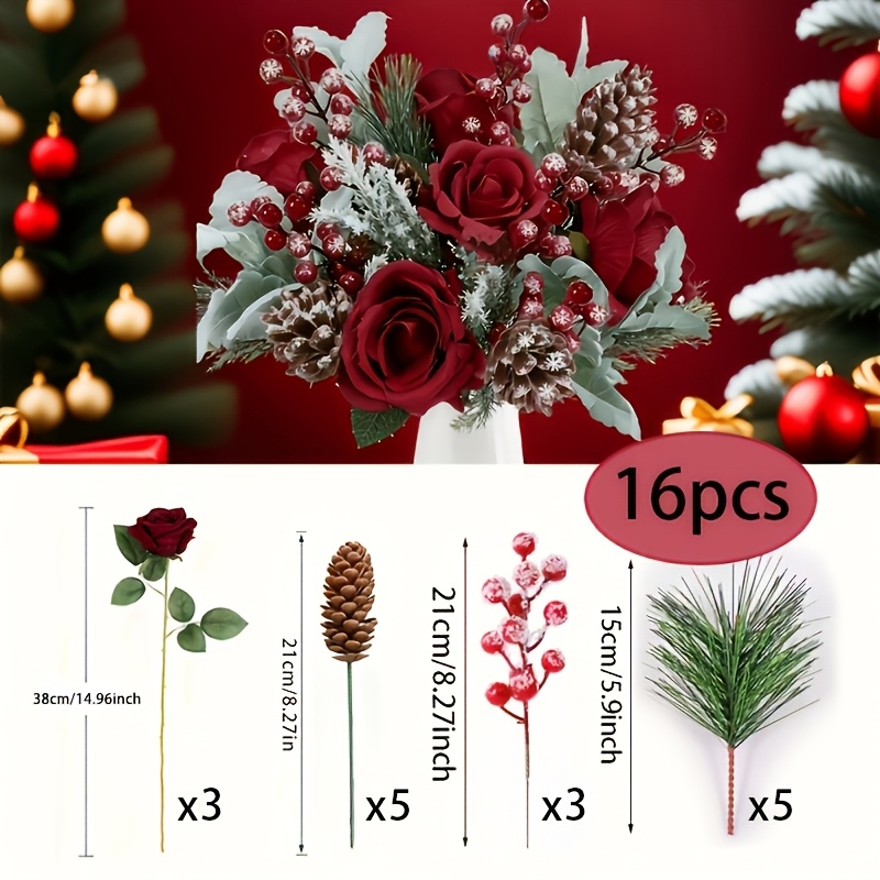 TEMU 16pcs Artificial Christmas Flower Bouquet, 13.78 Inches Mixed Bouquet, Includes Pine Needles, Berry Stems, Pine Cones, And Red Artificial Roses,