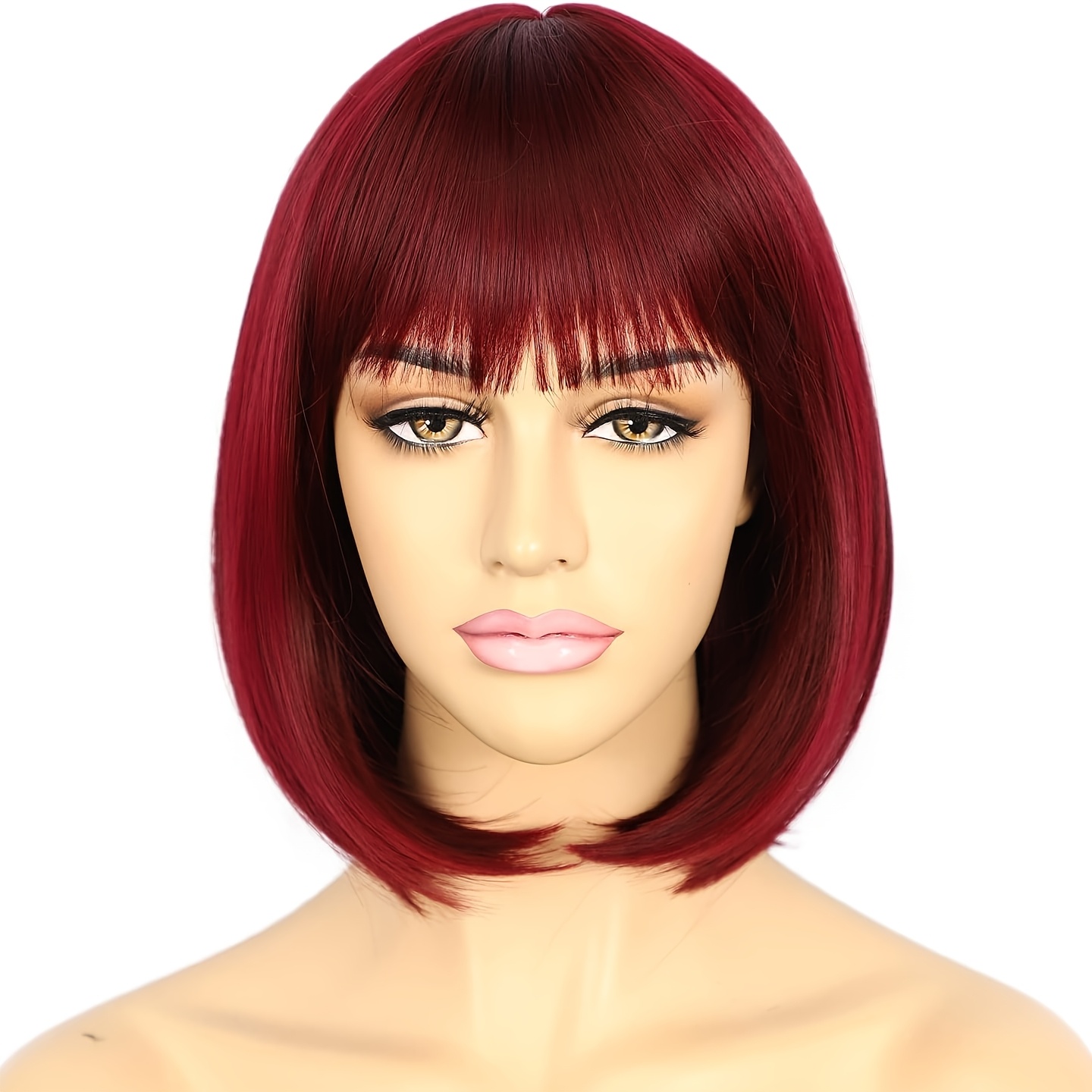TEMU 12-inch wijnrode pruik met pony en kort haar, gemaakt van synthetische hittebestendige , pruik met haar, geschikt voor dames om te op feesten,