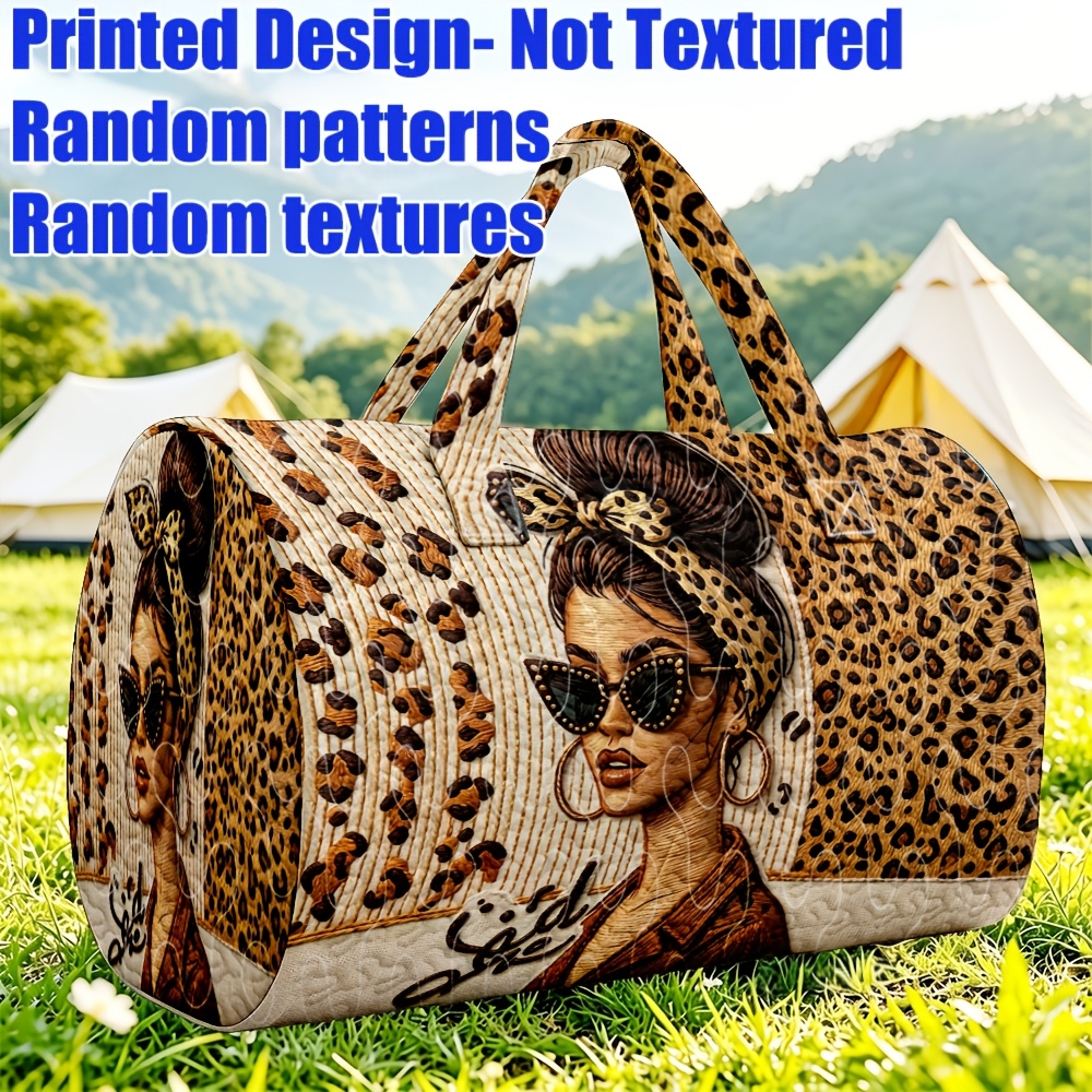 TEMU 1pc Women' Leopard Print Quilted Tote Bag Retro Large Capacity Travel Bag With Zipper Closure & Shoulder Strap, Machine Washable Suitable For ,