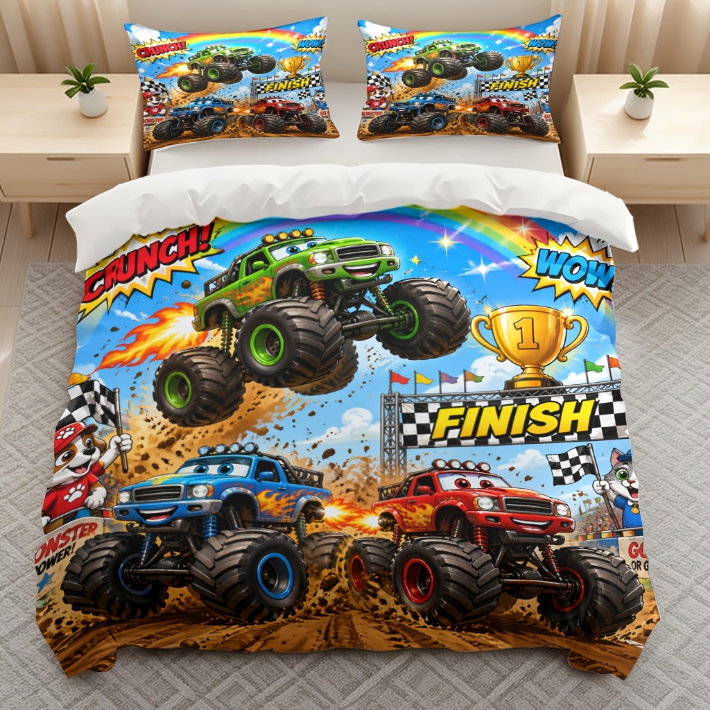 TEMU 3pcs Monster Trucks Pattern Bedding Duvet Cover Quilt Cover, Trendy Soft Bedding (1 X Duvet Cover And 2 X Pillowcases) With Zipper Closure For