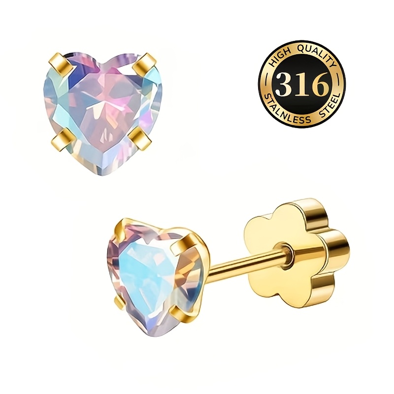 TEMU 2pcs Cute Colorful Heart Stud Earrings Steel Steel Jewelry Claw Zirconia Flat Bottom Stud Earrings Suitable For Sensitive Ears French European