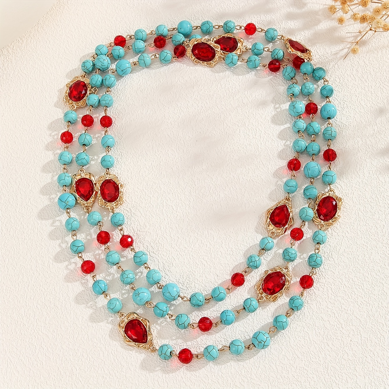 

Vintage Boho-inspired Double-layer Necklace With Synthetic Turquoise And Red Gemstones, Handcrafted With Plating - Party And Vacation Accessory, Ideal For Thanksgiving And All Seasons