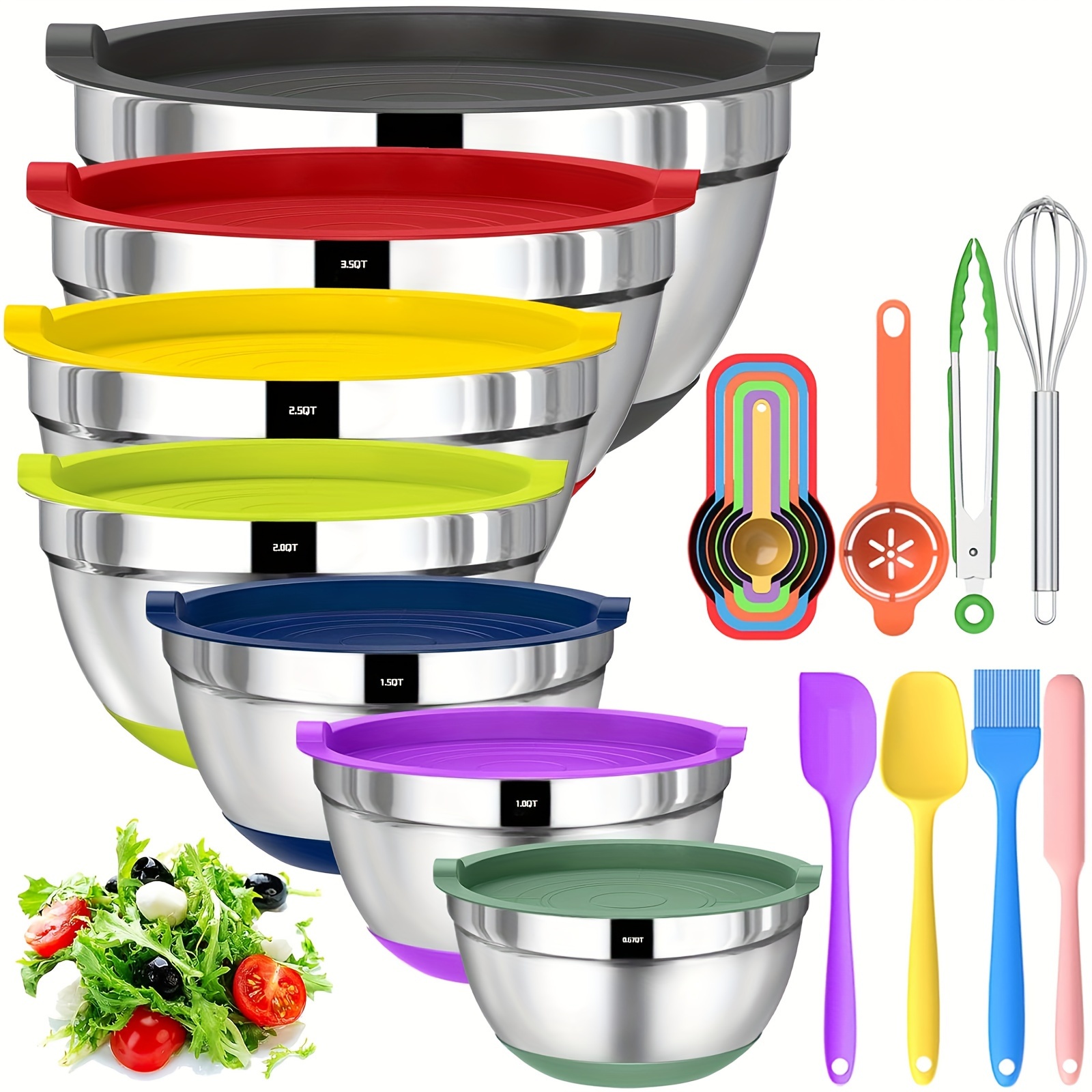 

Bowls With Airtight , 20 Piece Stainless Steel Metal Nesting Bowls, Non-slip Silicone Bottom, Size 7, 3.5, 2.5, 2.0, 1.5, 1, 0.67qt, Great For Mixing, Baking, Serving