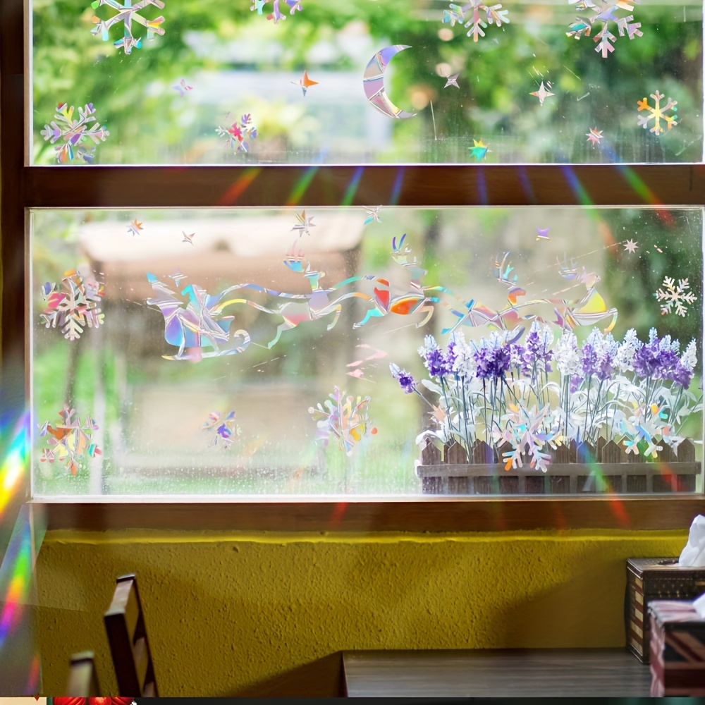 1 set   rainbow prism suncatcher window clings reusable static   pvc glass stickers 5mil thick glossy finish christmas festive bird snowflake decals for holiday decor details 5