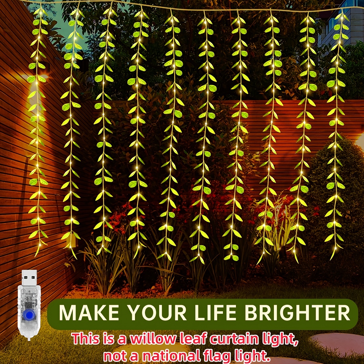 TEMU Willow Vine Light String, Led Fairy Curtain Lights, Usb-powered Green Leaves Lights, With 8 Flashing , Twinkle String Lights Perfect For