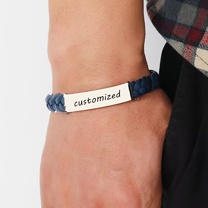 Personalized Braided Leather Bracelet with Engraved ID for Men Women