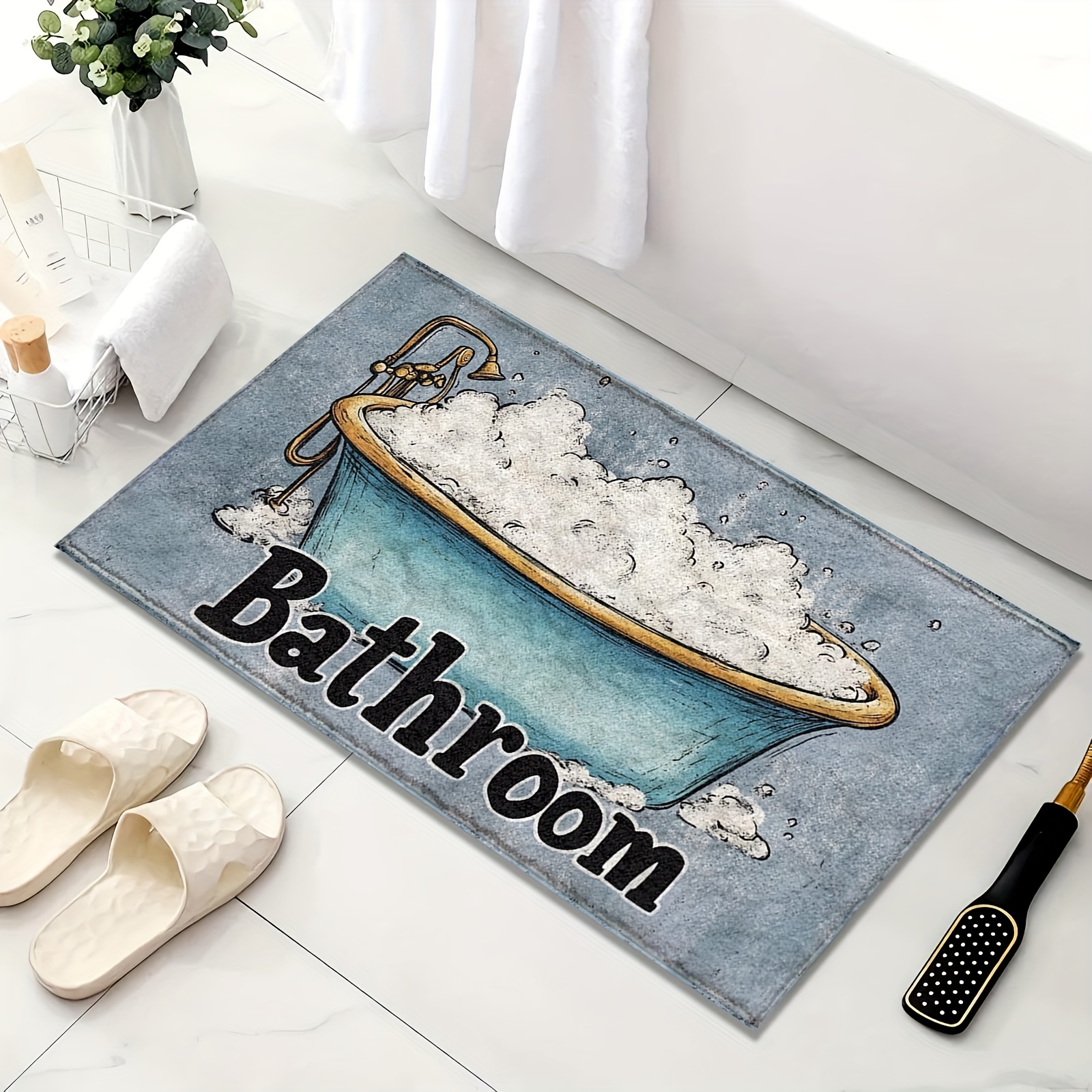 

1pc Bathtub Pattern Bath Mat, Non- Imitation Fleece, -dry Absorbent, Microfiber, , - Tpr Backing, Knitted Rectangle Mat Knitted , For Entrance, , , Decor,