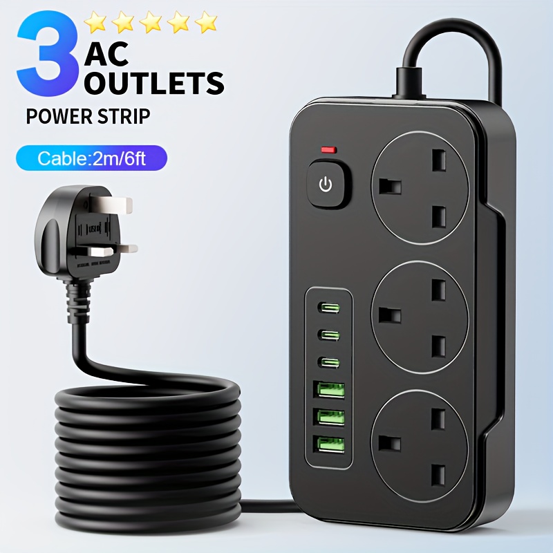 item picture 9-in-1 Power Socket Surge Protector, Power Socket/power Board/power Strip, 3250W, 13A, 2M Extension Cord, Portable Power Socket, Overload Protection, 3 AC Power Sockets, 6 USB Ports, Suitable For Home, Kitchen, Office Or Hotel Use