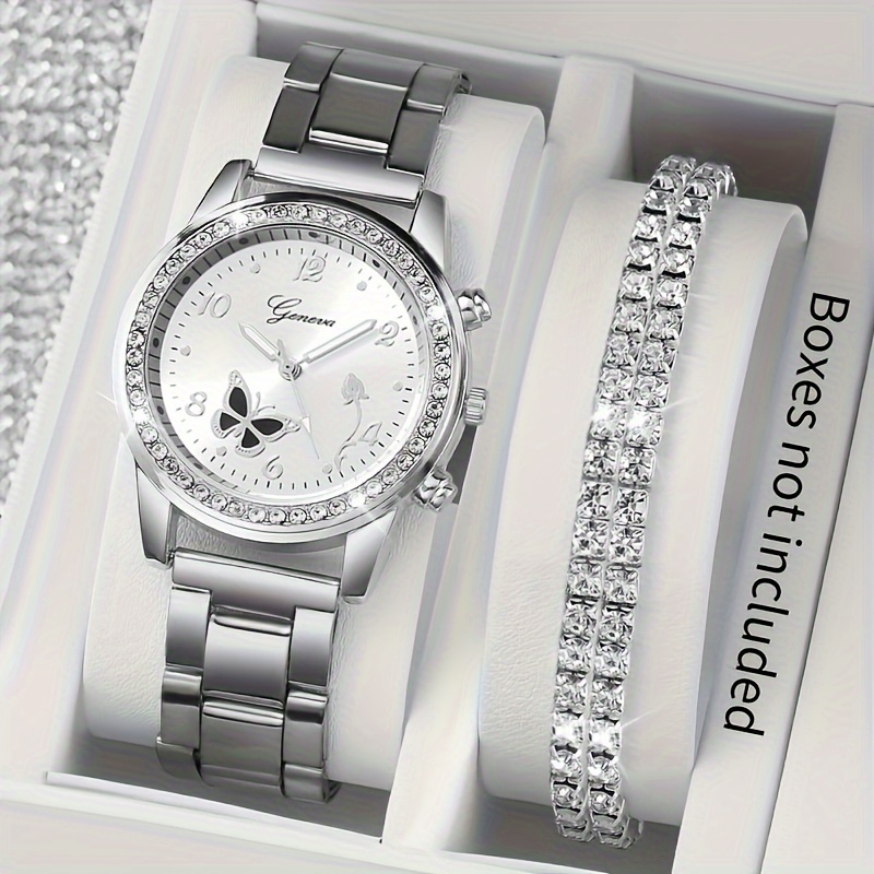 

3pcs/set Women's Elegant Butterfly Quartz Watch Shiny Rhinestone Analog Wrist Watch & Bracelets, Gift For Mom Her