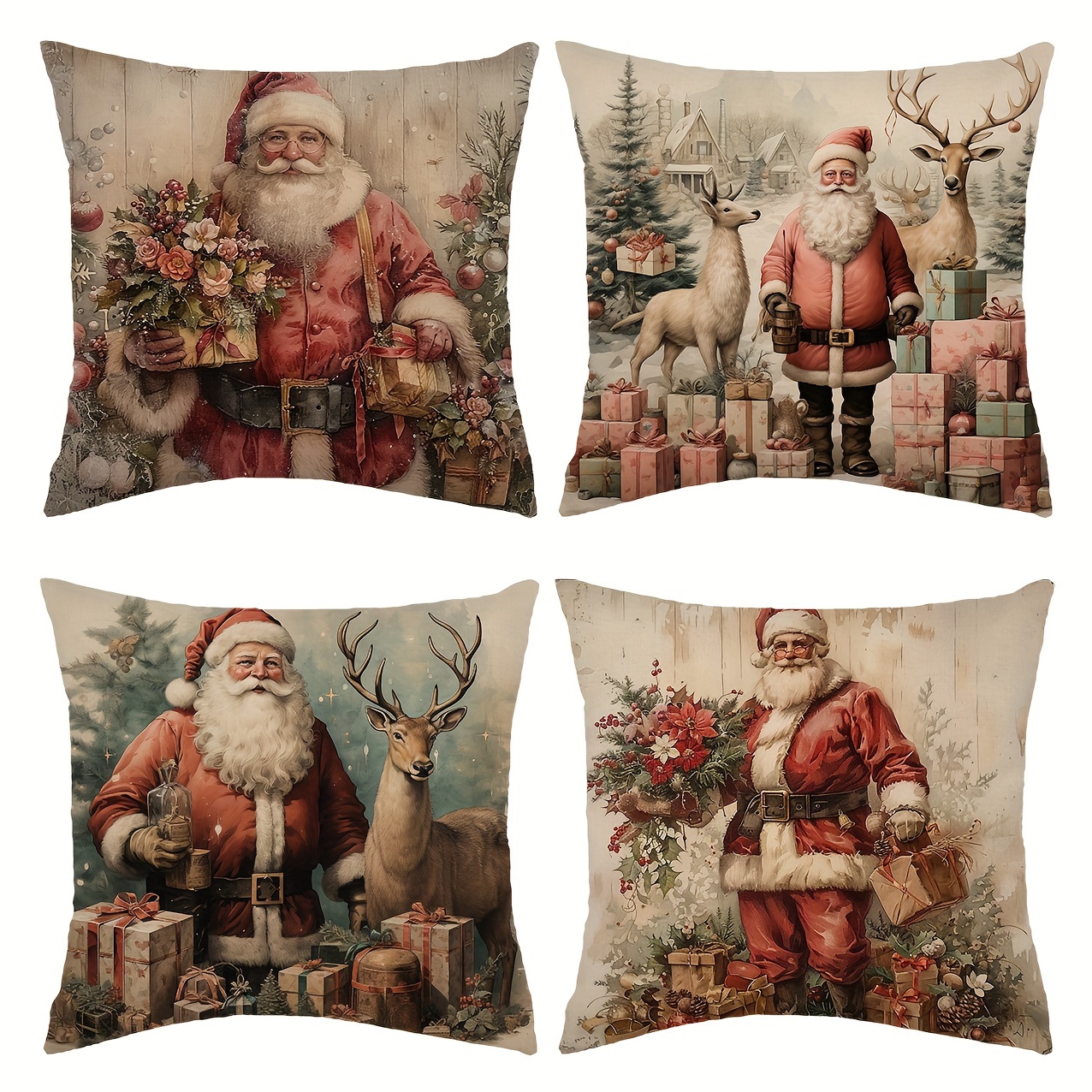 

Vintage Santa & Reindeer Christmas Pillow Covers, Set Of 4, Polyester, Woven, 18x18 Inch, Machine Washable, Zipper Closure, Festive Home Decor Cushions