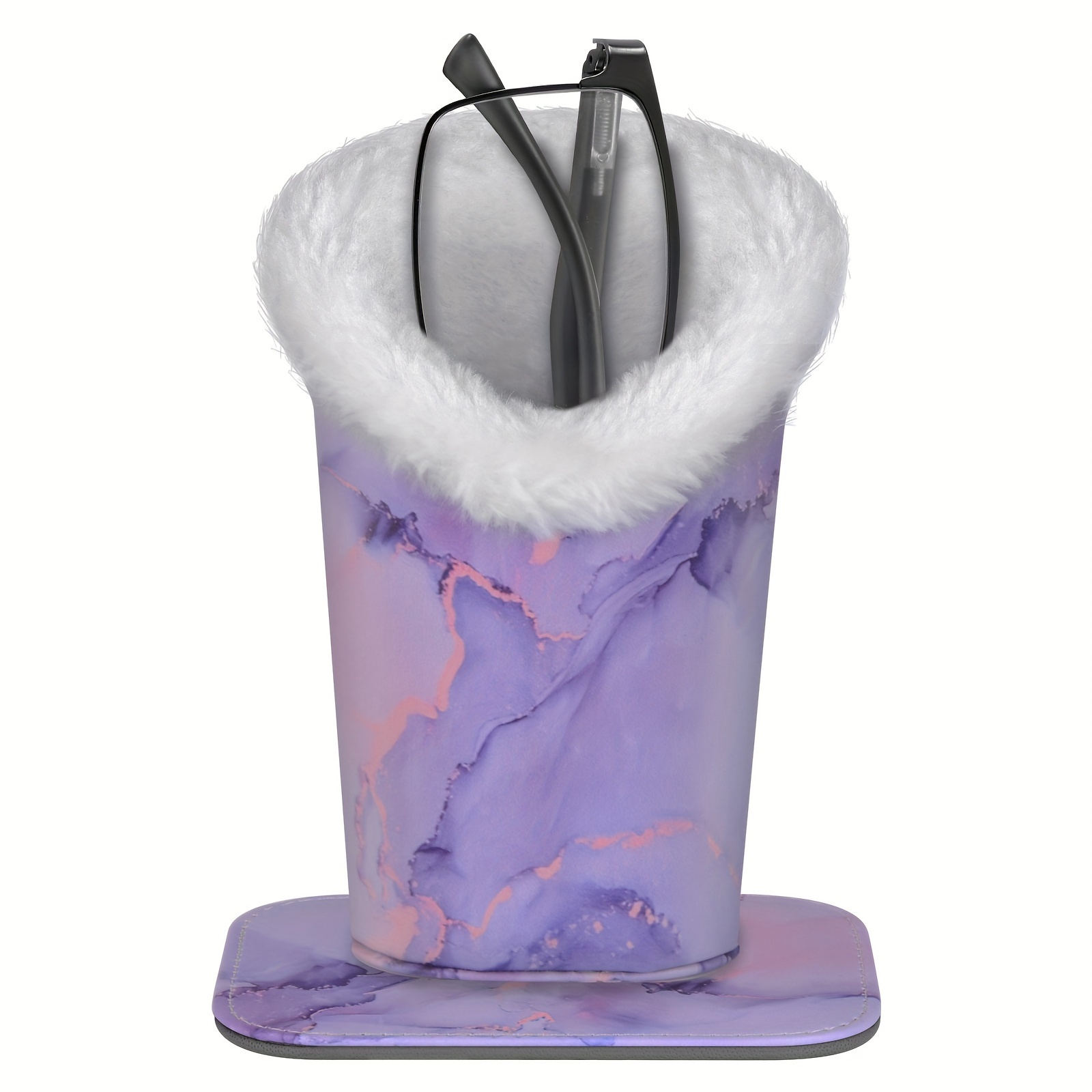 Image of Luxury Faux Leather Glasses Holder With White Faux Fur Trim And Magnetic Base, Detachable Eyeglass Case Box
