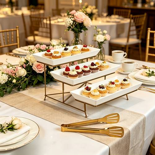 three tier dessert cake stand with food tongs made of high quality plastic and with a sturdy bracket with crossbars lightweight and durable and used as a or cupcake tray placement