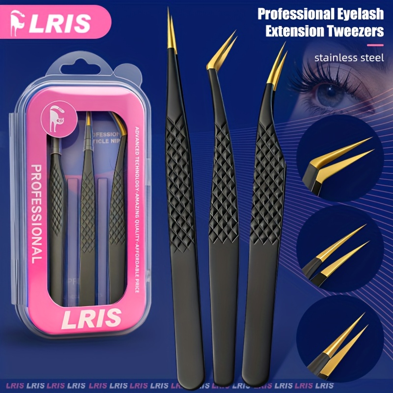 E-shop Marke 3-teiliges professionelles, hochpräzises Wimpernverlängerungs-Werkzeugset, Schwarz, rutschfeste Pinzetten-Spitzen, , gerade, Delfin,