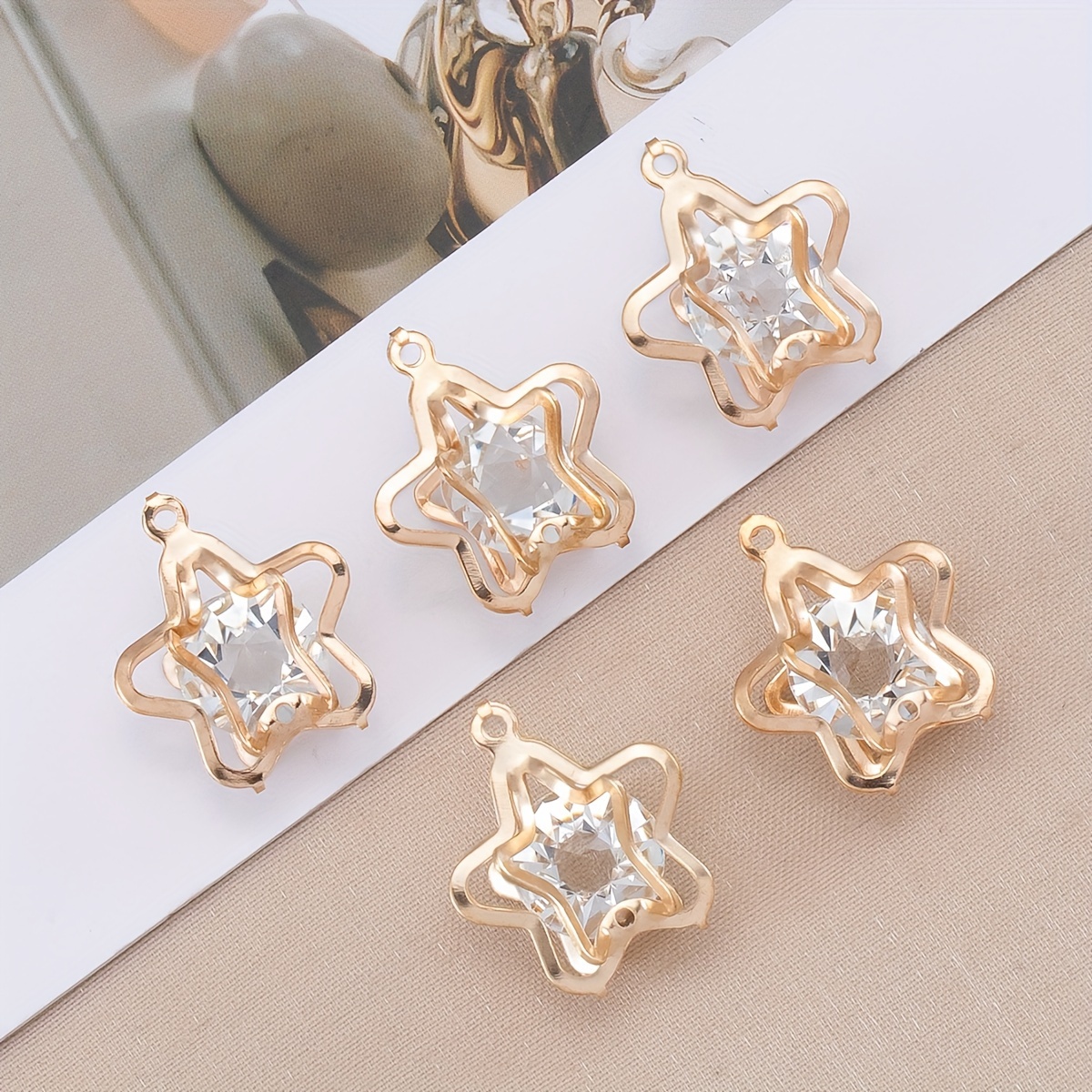 

10pcs Alloy Pendants Kc Golden Rhinestone Inlaid Hollow Star Heart For Earrings Necklaces Making Supplies, Gift For Eid, Ramadan