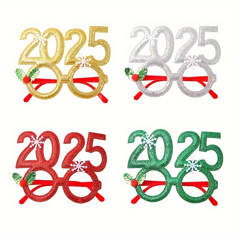 TEMU 4-pack 2025 Holiday Photobooth Props - Christmas & New Year's Festive Party Glasses Frames, Durable Plastic Material, No Feathers, Seasonal Celebration Accessories