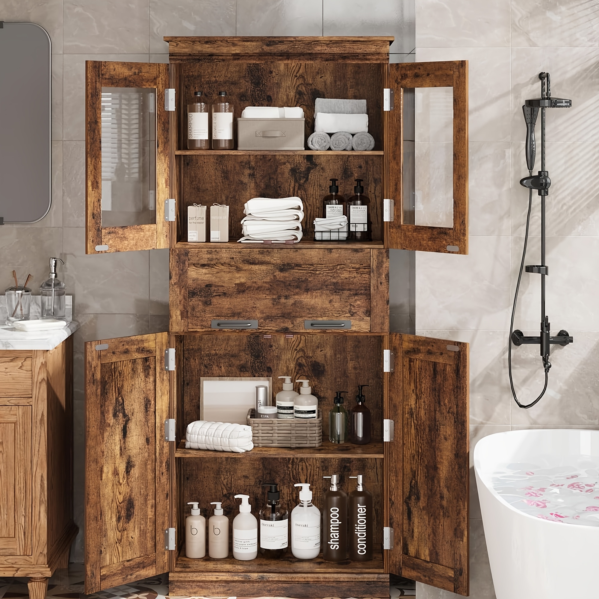 TEMU Armario de Baño Moderno de 67" con Puertas de Vidrio, Estantes Ajustables y Cajón - Armario Vertical de Pie Ideal para Baños Altos, Diseño