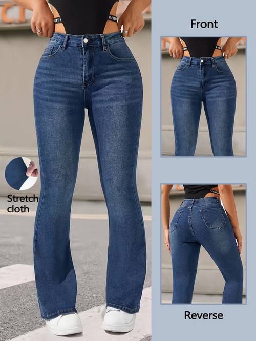 item picture elegant womens blue stretch fit flare jeans fashionable and versatile blue cat eye flare denim pants high figure flattering