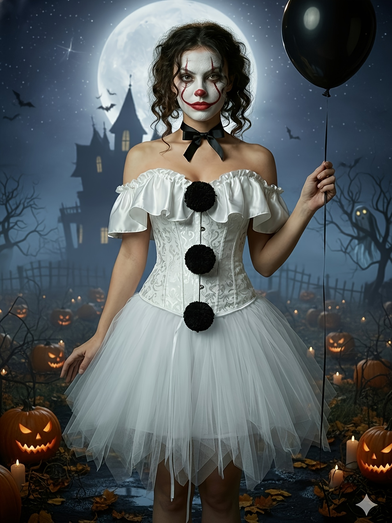 Halloween It Costume Set, Black and White Clown Outfit, Corset, Tutu Skirt,  and Scarf 3pcs Set, Carnival, Elegant Party, Cosplay Costume