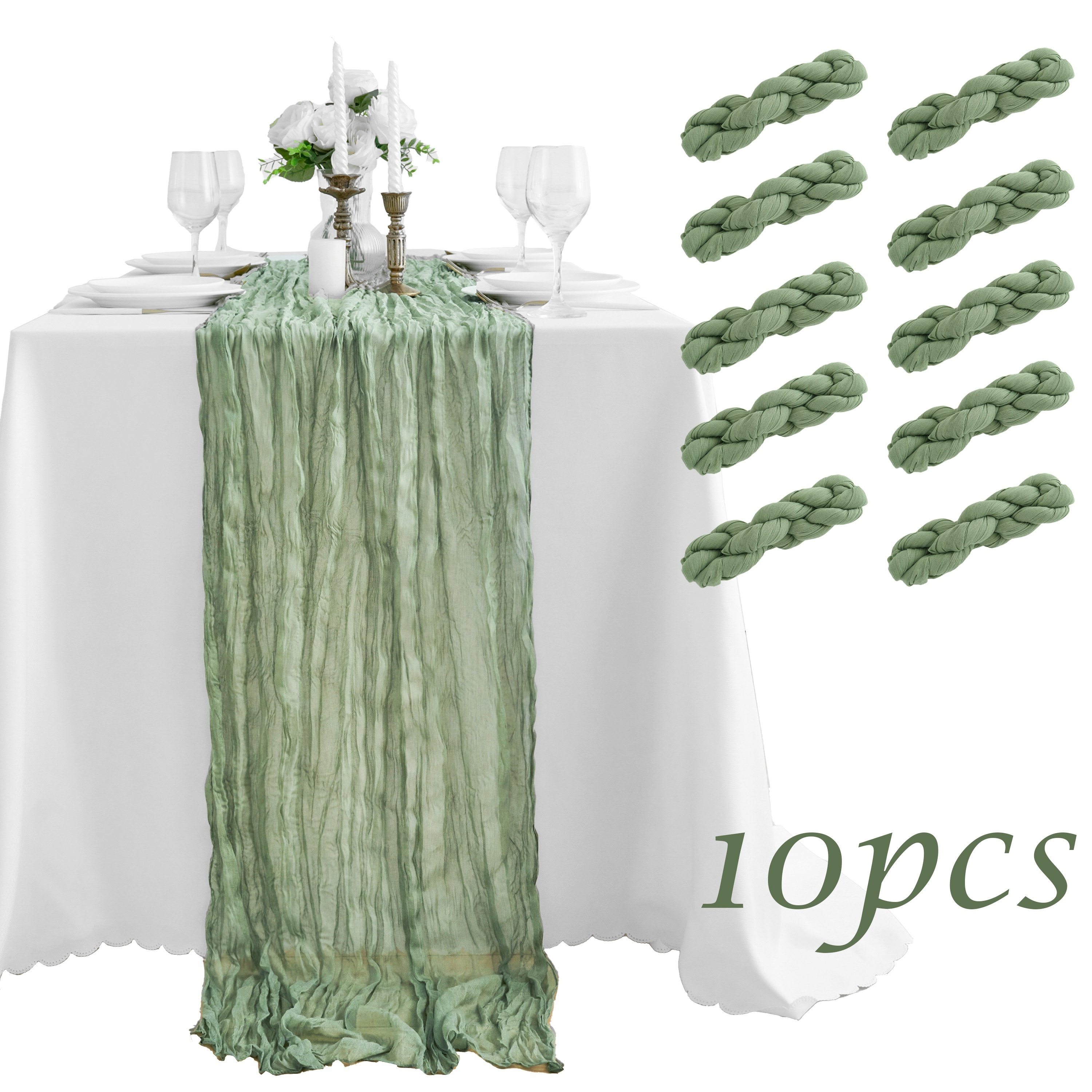 

10pcs Elegant Cheesecloth Table Runners, 10ft - Bohemian Sheer Polyester, Valentine's Day Weddings, Banquets, Parties & Bridal Showers