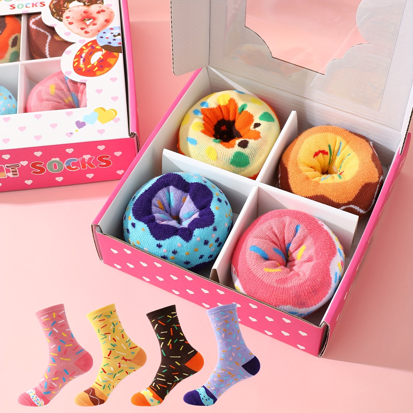 TEMU 4 Pairs Novelty Donut Socks, Cute & Trendy Unisex Mid Tube Socks With Gift Box, Women's Stockings & Hosiery