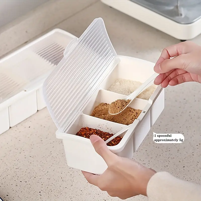 1pc three compartment condiment container with spoon plastic seasoning storage box with lid multi grid spice jars jar holders organizer set Product details 0