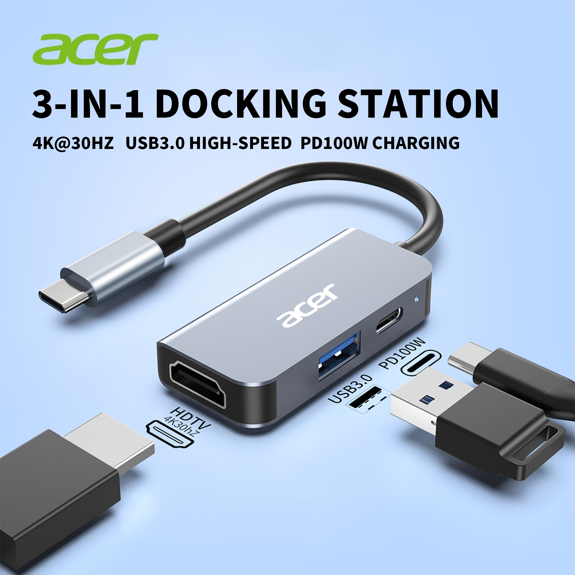 TEMU Acer 3-in-1 Usb-c Multiport Adapter With 4k@ Hdtv, 100w Pd Fast Charging Port, Usb 3.0 Ports, Type-c Dongle Docking Station For Macbook Air/pro,