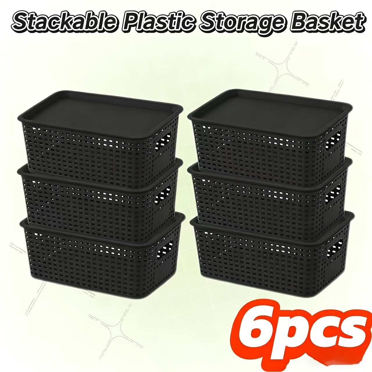 TEMU 6pcs Stackable Plastic Storage Baskets, Portable Storage Basket With Lid, Large Capacity, Durable And Stylish, Suitable For Bedroom, Kitchen,