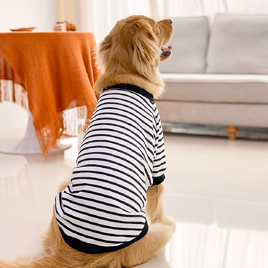 large dog fleece round neck black and white striped casual sweatshirt Product details 1