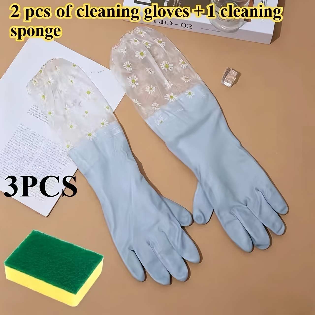TEMU Lot de 3 gants de nettoyage à motif floral + éponge, gants de vaisselle, gants de nettoyage ménager, adaptés pour de bain, toilettes, salons,