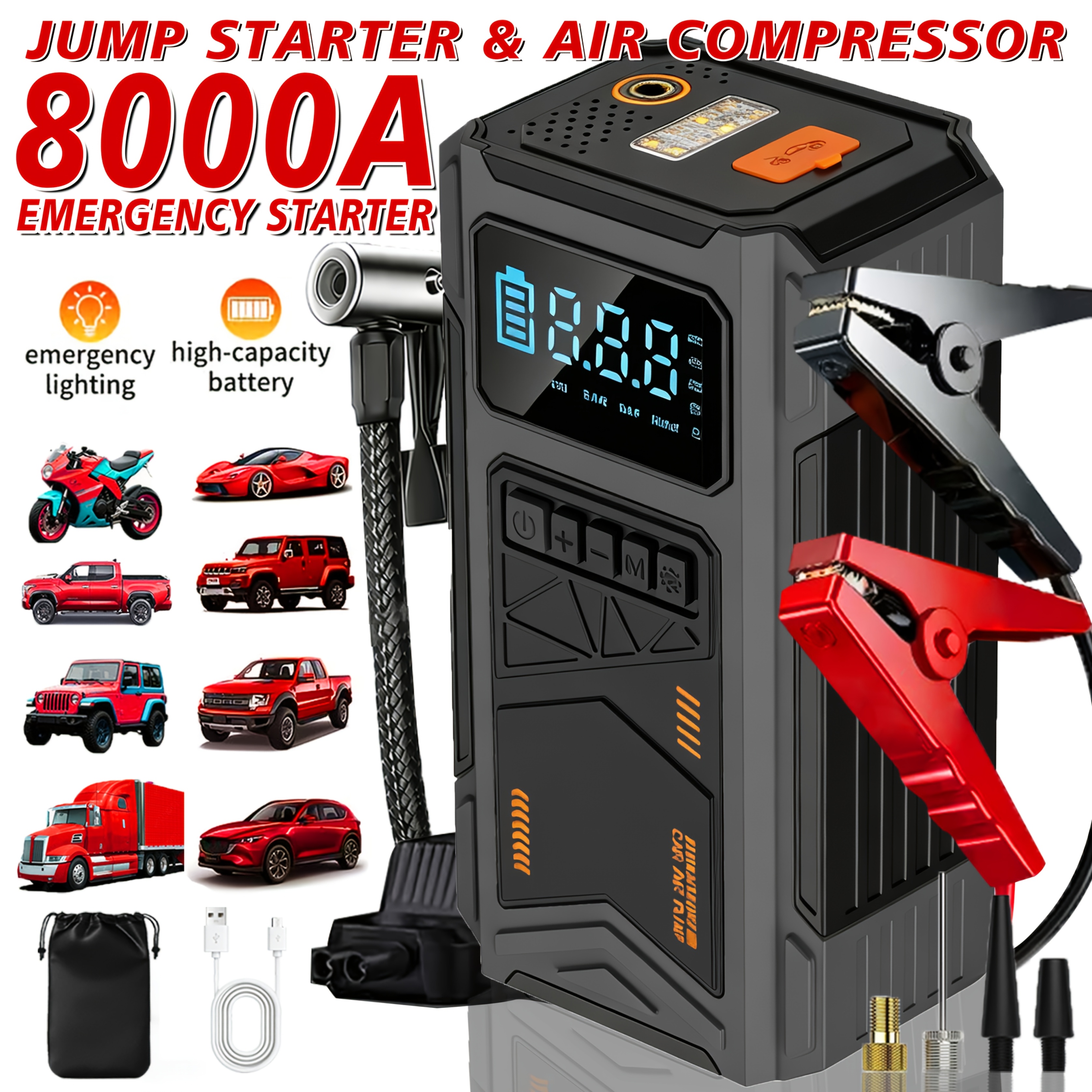 item picture jkuoo car battery jump starter truck tire inflator 180psi tire inflator and air compressor 8000a emergency jump starter with intelligent voltage recognition and fast charging   battery free multi function device  