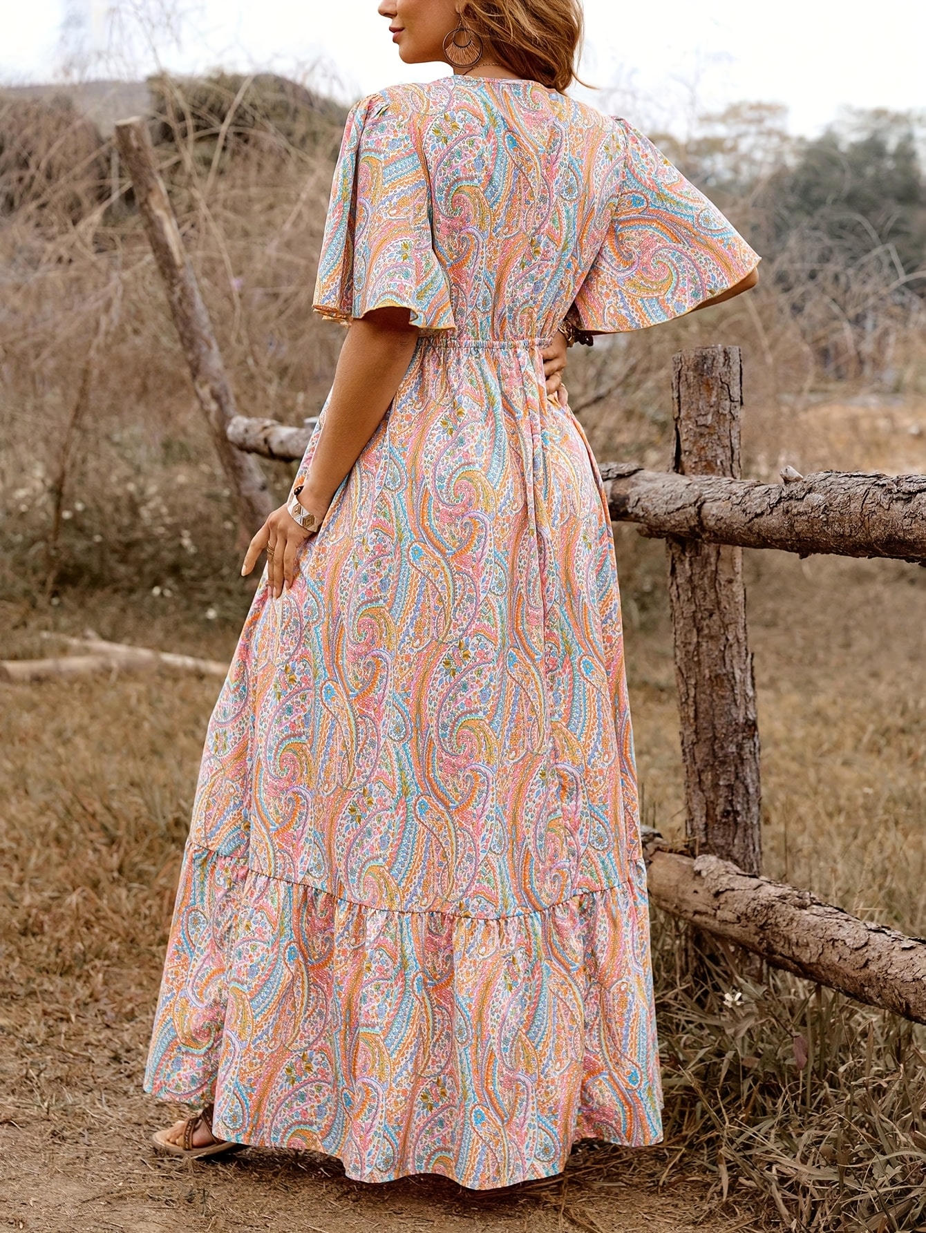 womens plus size bohemian print maxi dress loose fit v neck - Temu Czech  Republic