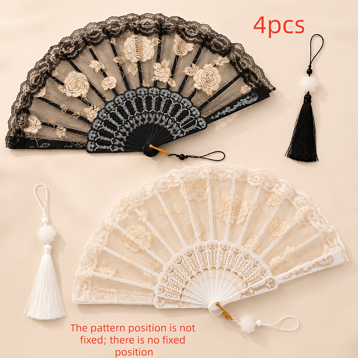 TEMU Lace Rose Fan Summer Folding Fan 4pcs Set 2pcs Black And White Rose Embroidery Lace Folding Fans And 2pcs Black And White Tassel Charms, Photo