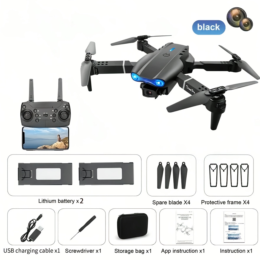 TEMU User-friendly Drones With Cameras, Including Models E88, E99, And S2, Come With Batteries. The E99 Has A Non-camera And Features A Foldable