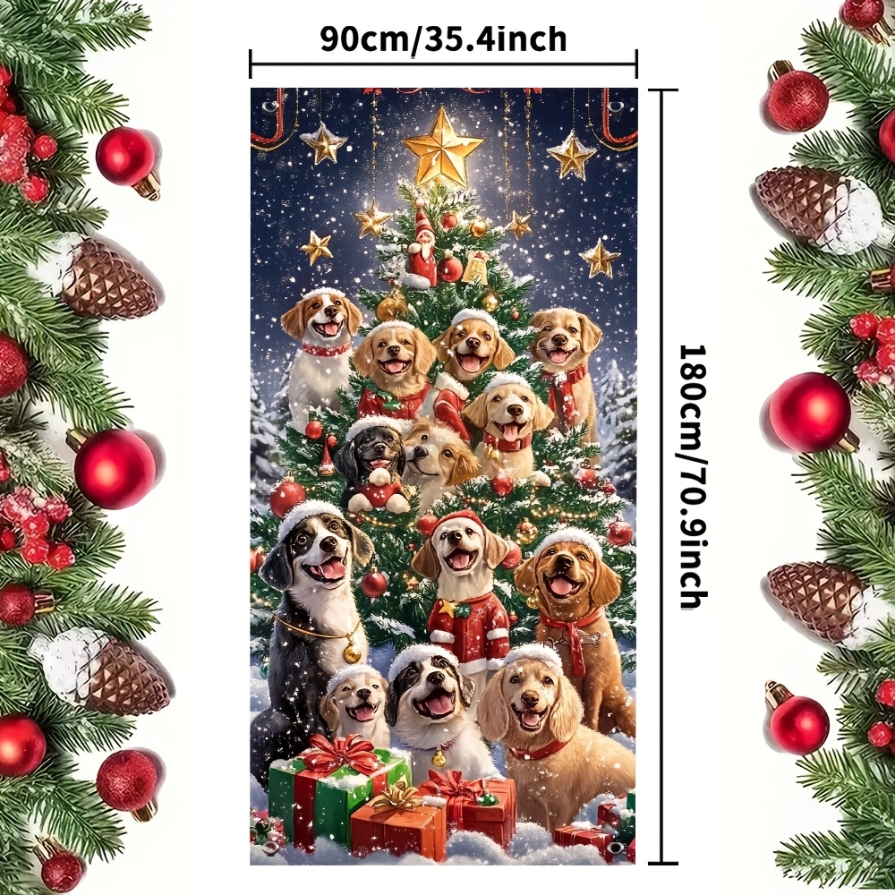 TEMU Banner de Porte 2D, 1pc Couverture de Porte pour Noël & Vacances d'Hiver - 35.4" x " | Design de Chiots Joyeux & Arbre Décoré | Polyester