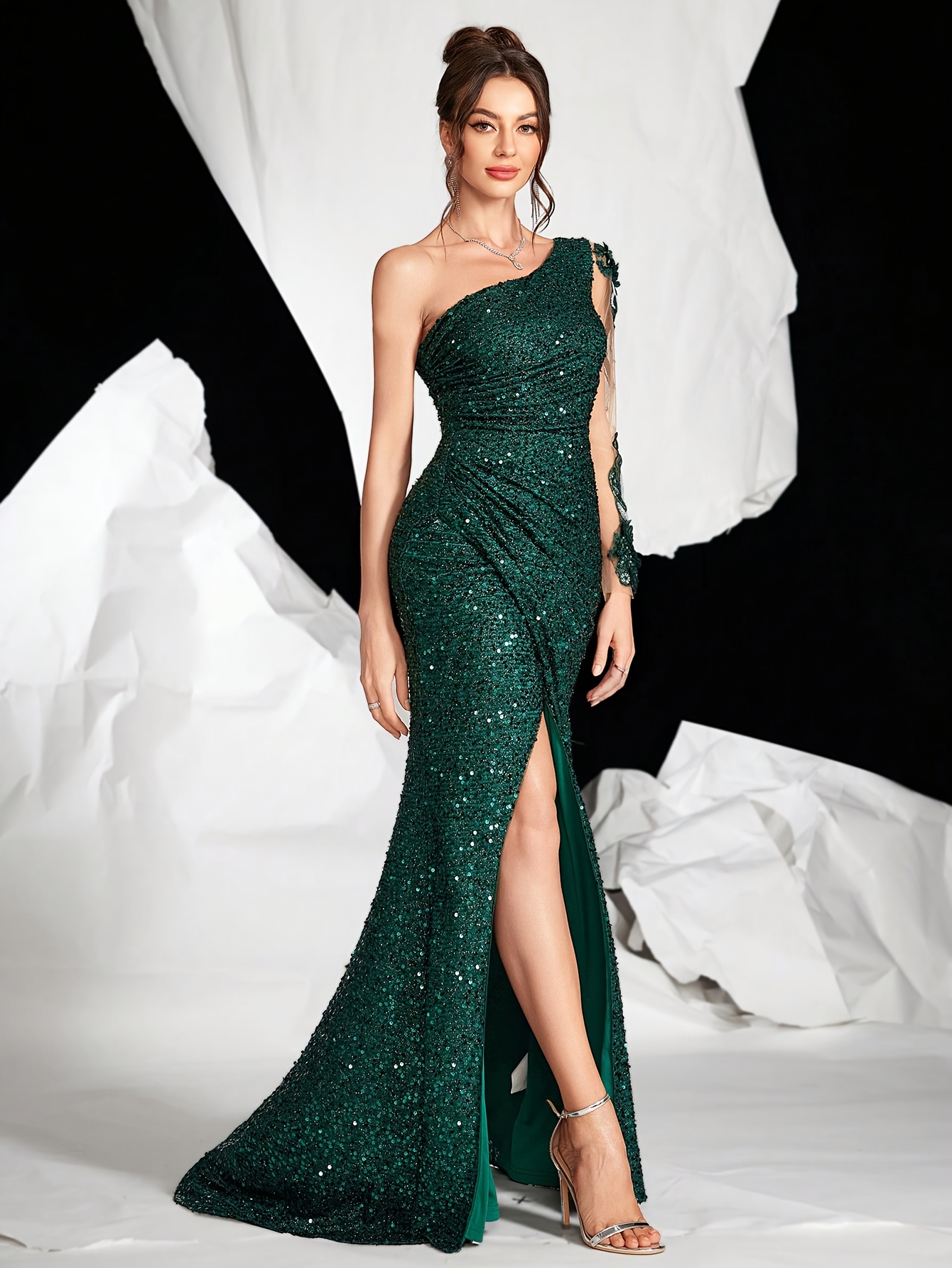 green emerald velvet dress Green Contrast Sequin One Shoulder Maxi Prom Dress – Pretty In Pink  Boutique, LLC main image 0