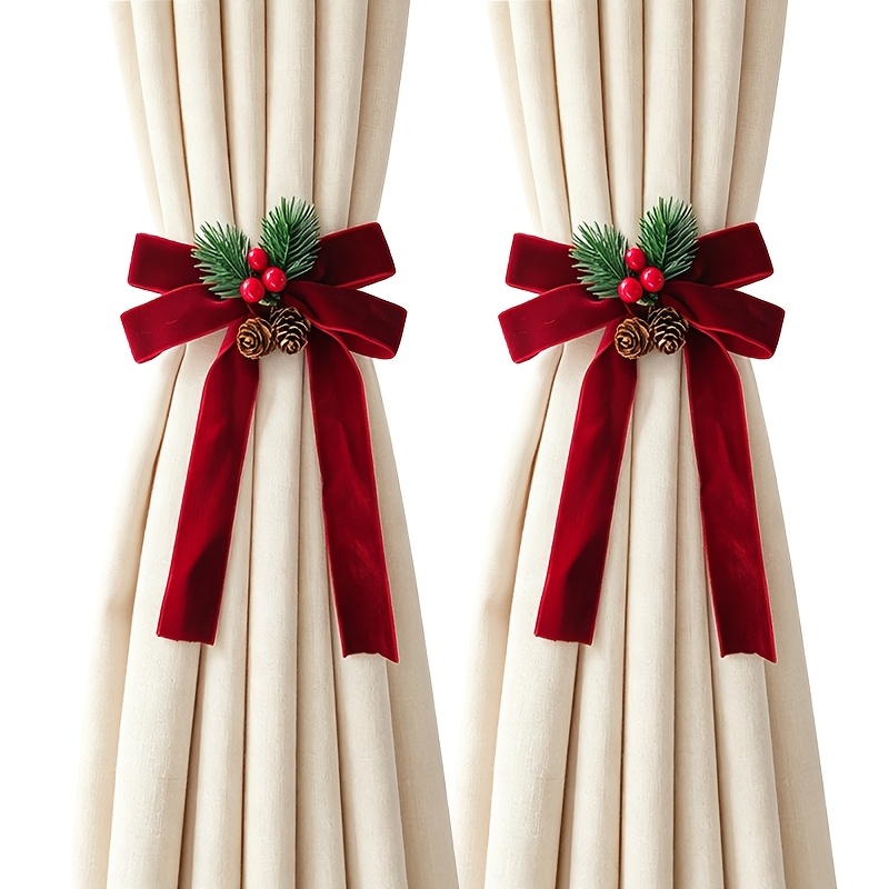 TEMU 2pcs Set Artificial Velvet Bow Adjustable Curtain Tie, Christmas New Year Window Decor Home Decoration