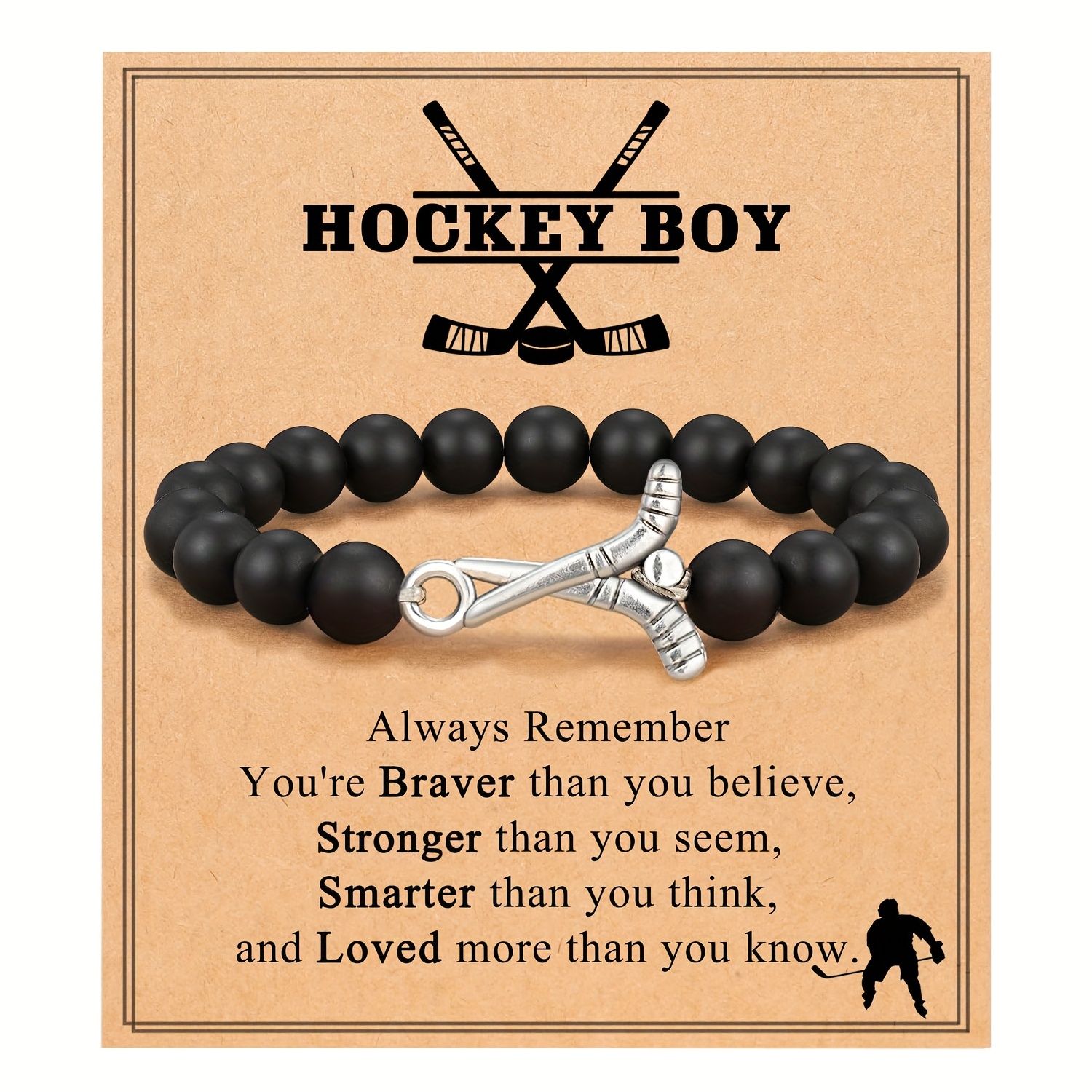 TEMU 8mm Men's Hockey Bracelet Matte Black Onyx Strength Protection Bracelet Gift For Son Grandson Team Hockey Enthusiasts Birthday Christmas Present